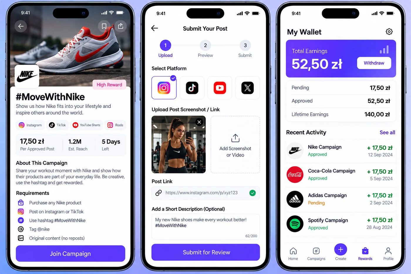 Three Klicq app screens: a campaign page with a 17.50 zł reward per post, the post submission flow, and the wallet with earnings in złoty.